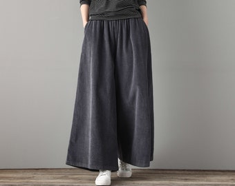 Gray Corduroy pants, Palazzo pants women, Casual wide leg pants, Oversized corduroy pants, Long Corduroy pants, Custom pants, Ylistyle C1802