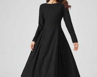 Black Dress, Wool Dress Women, Winter Dress, Fit and Flare Dress, Classic Wool Dress, Warm Dress, Long Sleeves Dress, Handmade Dress C3542
