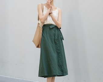 Linen skirt, Linen Midi Skirt, Wrap Linen skirt, A Line Linen Skirt, Dark Green Skirt, Elastic Waist Skirt, Handmade Skirt, Ylistyle C3202