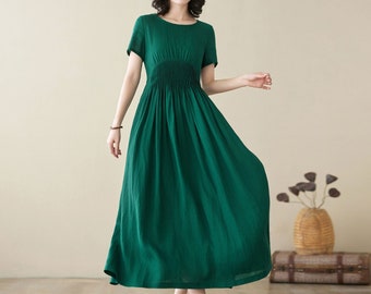 Linen maxi dress, Womens summer dress, Green Long Linen dress, Short sleeve dress, Loose linen dress, Handmade dresses, ylistyle C3953