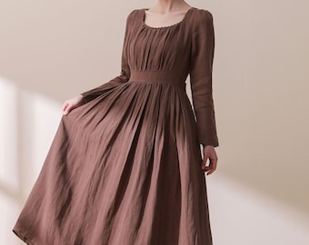 Linen dress, Women's Long sleeve Linen midi dress in brown, Long Linen Dress, fit and flared dress, Spring autumn dress, Ylistyle C1776