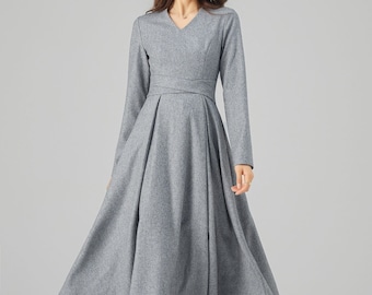 Midi Wool dress, Winter Wool Dress, Fit and Flare Dress, Gray Wool Dress, Casual Dress, Dress Women, Handmade Dress, Ylistyle C3679