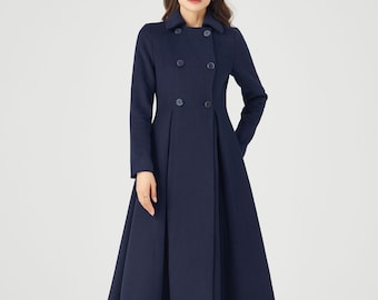 Wollen jas, lange wollen jas, winterwollen jas, wollen damesjas, wollen jas dames, marineblauwe wollen jas, handgemaakte jas, Ylistyle C3684