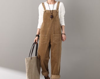 Women's corduroy overalls, Brown Corduroy overalls, Casual handmade Jumpsuits, Corduroy pants, Spring autumn Retro custom jumpsuit C2614
