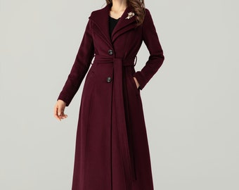 Burgundy Long Wool Coat Women, Winter Wool Coat women, Wool Trech Coat, Maxi Wool Coat, Belted wool coat, Handmade Coat, Ylistyle C3693