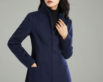 Women's Stand-collar Coat Dark Blue Wool Short Jacket, Warm Winter Wool coat, Ylistyle C2989#