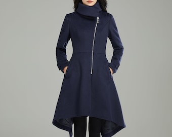 Blue Asymmetrical Wool Coat, Winter Warm Coat, Womens Jacket, Custom Coat, Trench Coat, zipper coat, Long Overcoat  C2987#