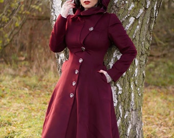 Vintage Wool Winter Coat warm long elegant Classic Style high Neck dark Red size 4 extra Small hidden Buttons Down the Front gorgeous Etsy