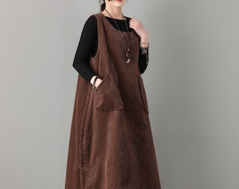 Damen Braunes Cord Kleid, Etuikleid, Ärmelloses Cord Kleid, Cord Midi Kleid, Plus Größe Cord Kleid, Ylistyle C1803