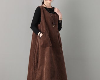 Women’s Brown Corduroy dress, Shift dress, Sleeveless Corduroy Dress, Corduroy Midi dress, Plus size Corduroy dress, Ylistyle C1803