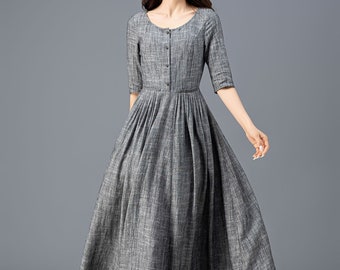 Linen maxi Dress, Gray Linen dress women, Fit & Flare Long Dress, Half Sleeve dress, Swing Linen Dress, Custom Dress, Ylistyle C3916