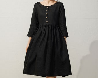 Robe en lin noire, robe midi pour femme, robe boutonnée, robe en lin ample, robe en lin avec poches, robe de printemps, ylistyle C3925