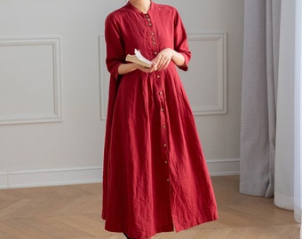 Abito lungo in lino, Abito in lino rosso, Abito in lino da donna, Abito a mezza manica, Abito Plus Size, Abito fatto a mano, Abito personalizzato, Ylistyle C3196