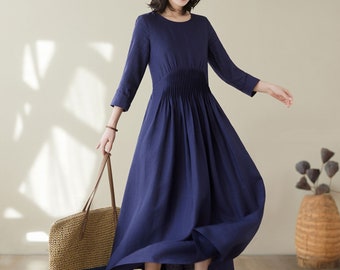 Linen dress, Dark blue Linen Maxi Dress, Casual dress, Fit & Flare Dress with Pleated Waist, Spring Summer Womens Dress, Ylistyle C3945