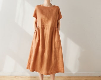 Women's Linen Dress, Midi Linen Dress, Orange Dress, Short Sleeve Dress, A-Linen Dress, Linen Dress with Pockets, Handmade Linen Dress C3173