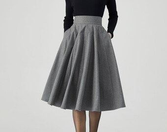 Womens Wool Skirt , Knee Length Skirt, Skater Skirt, Pleated