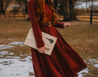 Wool Dress, Burgundy midi wool Dress, Swing Dress, Dress with pockets, Wool Dress Women, Classic Dress, Winter Autumn Dress, Ylistyle C3810