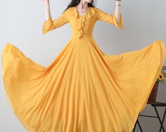 Robe en mousseline de soie jaune, robe trapèze pour femme, robe longue, robe ajustée et évasée, robe d'été pour femme, robe de bal, robe de soirée, ylistyle c3457