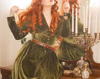 Vestido midi de terciopelo verde, vestido de manga larga con corte en A y botones, Ylistyle C3908