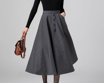 A Line Midi Skirt, Wool Skirt Women, Gray Wool Skirt, High Waisted Wool Skirt, Winter Wool Skirt With Pockets, Casual Skirt, Ylistyle C3583