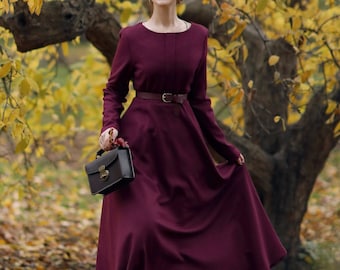 Abito in lana, abito in lana bordeaux da donna, abito lungo in lana, abito in lana caldo invernale, abito a maniche lunghe, abito in lana aderente e svasato, Ylistyle C3782