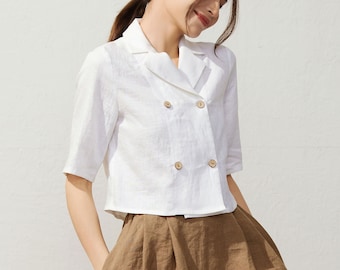 Chemise en lin blanche, Chemise croisée en lin, Chemise à manches courtes avec boutons, Chemise à col cranté, Chemise d'été en lin, Ylistyle C3933