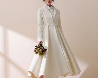 Long White Wool Princess Coat, Winter Wedding Coat, Victorian Coat, Swing Coat, Fit and Flare Coat, White Winter Coat Women, Ylistyle C1779