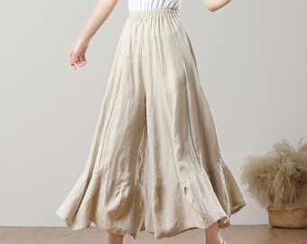Linen Culottes, Ruffle Skirt Pants, Plus Size Wide Leg C3210