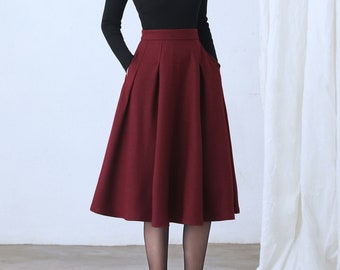 Wool skirt, Red Midi Wool Skirt, A- Line wool Skirt, High Waist wool Skirt with Pockets, Womens skirt,  Winter wool skirt, Ylistyle C2635