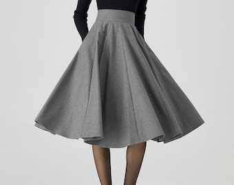 Knee Length Skirt, Wool Skirt Women, Skater Skirt, Pleated Wool Skirt, Gray Skirt, Autumn Skirt, High Waisted Skirt, Made to Order C3549