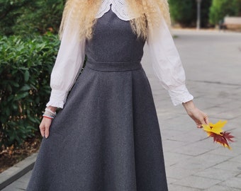 Vestido de lana gris, vestido midi de lana, vestido sin mangas, vestido de lana de invierno para mujer, vestido de corte A, vestido con vuelo, vestido hecho a mano, Ylistyle C3786