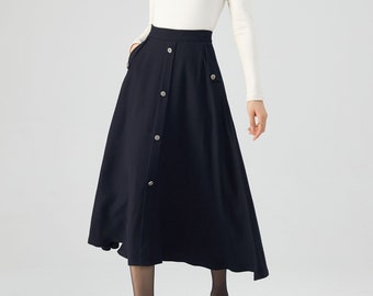 Navy Wool Skirt, Midi Skirt, Womens Skirt, Button Skirt, Skirt with Pockets, Classic Skirt, Swing Skirt, Handmade Skirt, Ylistyle C3545