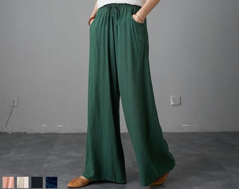 Pantalon large en lin pour femme, Pantalon de détente décontracté, Pantalon palazzo avec cordon de serrage à taille élastique, Ylistyle C1988