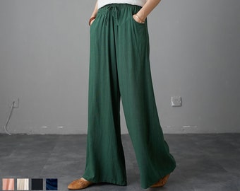 Women&#39;s Wide Leg Linen Pants, Casual lounge pants, Elastic Waist Drawstring  Palazzo pants, Ylistyle C1988