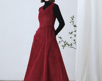 Red Corduroy dress, Womens Sleeveless Corduroy dress, Long dress, A-Line dress, Autumn Winter Corduroy Dress, Custom dress, Ylistyle C2608