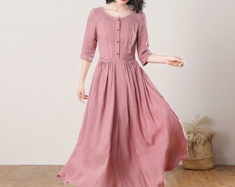 Leinen Kleid, Frauen Sommer Leinen Kleid, Halbarm Kleid, Knopf vorne Kleid, Swing Kleid, Leinen Rosa Kleid, kundenspezifisches Kleid, Ylistyle C3274