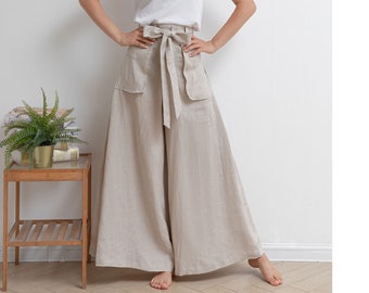 wide leg linen Palazzo Pants, women High Waisted Pants, Linen Palazzo Pants, Summer Womens Plus size Pants C2932