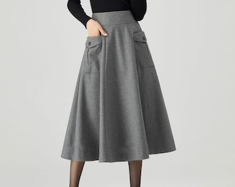 Winter Wool Skirt, Gray Skirt, Womens Skirts, A Line Skirts, High Waisted Skirt, Skirt with Pockets, Handmade Skirt, Plus Size Skirt C3554