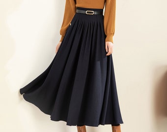 Handmade Wool Midi Skirt, High Waisted Pleated Skirt with Pockets, Ylistyle C3603