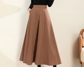 Jupe midi en laine, Jupe trapèze, Jupe d'hiver pour femme, Jupe boutonnée, Jupe marron, Jupe taille haute, Jupe faite main, Ylistyle C3602