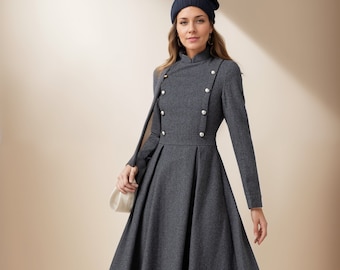 Robe en laine, robe longue en laine, robe militaire, robe d'hiver en laine pour femme, robe longue en laine, robe en laine grise, robe faite main, Ylistyle C3579