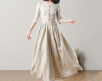 Linen Dress, Women&#39;s Summer Linen Dress, Half Sleeve Dress, Button Front Dress, Swing Dress, Linen Maxi Dress, Custom Dress, Ylistyle C3207
