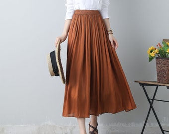 Summer Skirt, Pleated Skirt women, Swing Skirt, Skirt for women, midi Chiffon Skirt, Orange skirt, Elastic Waist Skirt, Handmade Skirt C3461