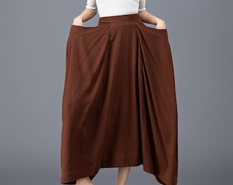Asymmetrical Linen Maxi Skirt with Pockets, Plus Size, Ylistyle C3918
