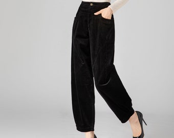 Black Corduroy Pants Women, Tapered Pants, Autumn Pants, Long Pants, Womens Pants, Loose Fitting Pants, Handmade Pants, Made to Order C3592