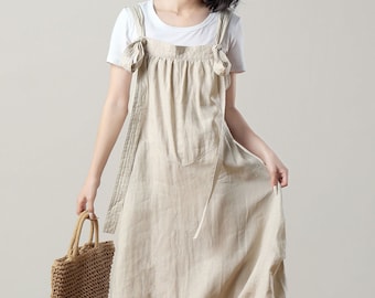 linen pinafore dress, linen maxi dress, linen dress with pockets, long suspender dress, summer dress, loose dress, dress for women C3229