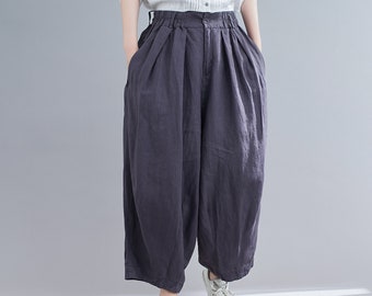 Long Cropped Linen Pants, Wide leg Linen pants, Soft Loose linen Pants, Elastic Waist Large Size Trousers, Customized Linen Pants C1834