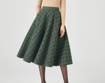 Plaid Wool Skirt, Midi Wool Skirt, A line Skirt, Winter Skirt Women, Swing Skirt, Skirt with Pockets, Handmade skirt, Ylistyle C3686