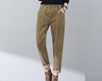 High Waist Corduroy Pants, Elastic Waist, Plus Size Cotton Trousers, Ylistyle C3023