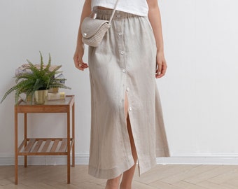 Button Front Linen Skirt, Midi Skirt, High Waisted Skirt, Womens Skirt with Pockets, Summer Skirt, Casual skirt, Custom Skirt C2931